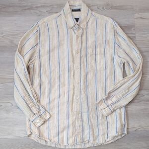 W.H. Belk sportswear L linen shirt long sleeve button up yellow blue beige strip